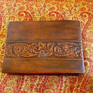 Vintage tooled floral design brown leather 7” x 5” trinket box with plaid lining